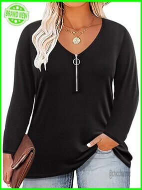 Plus Size Long Sleeve Half Zip V Neck Tunic Blouses Shirts